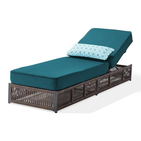 RWoven Brown Wicker Outdoor Chaise Lounge, Adjustable Backrest Patio Recliner with Peacock Green Cushions