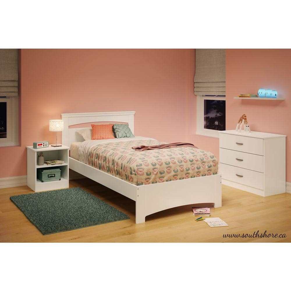 Pure White Twin Platform Bed with Drawer and Headboard