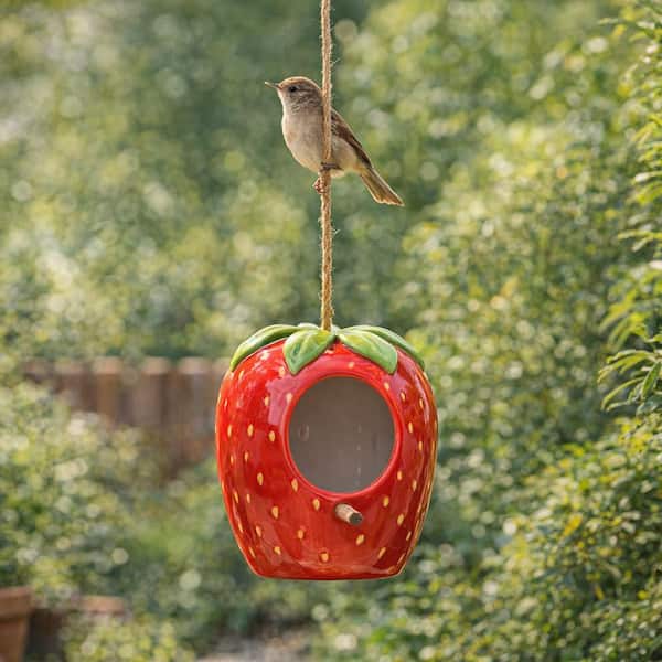 6 in. Red Ceramic Bird House/Feeder