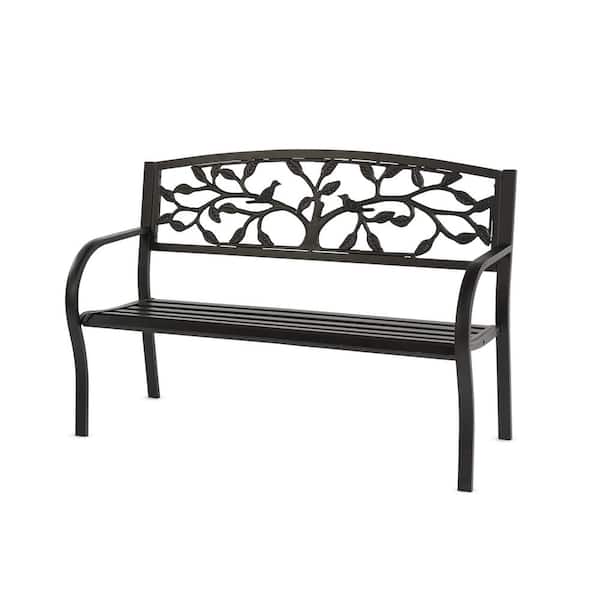 50 in. Tree of Life Metal Outdoor Garden Bench - Black