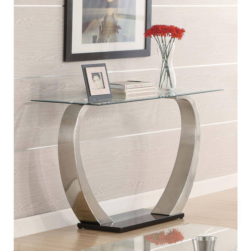 Modern Satin Metal and Glass Sofa Table with Storage