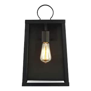 Marinus 1-Light Midnight Black Large Outdoor Wall Lantern Sconce with Clear Glass Panels