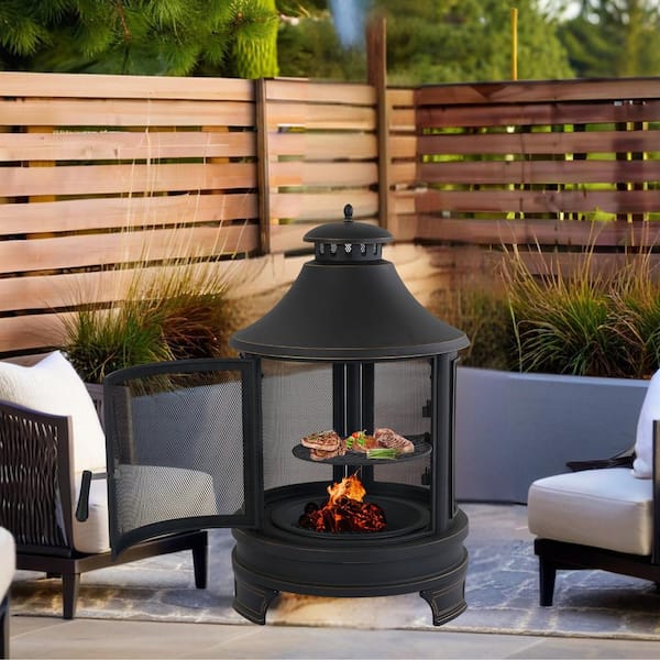 Unbranded 2 in 1 Metal Outdoor Garden Round Heating Stove Fire Pit with Rotatable and Removable Cooking Stove Rack for Backyard