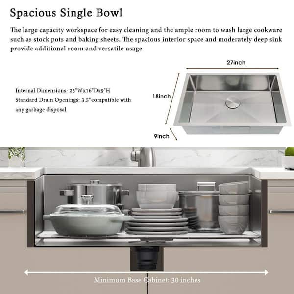 Delironexu 27 in. x 18 in. Undermount Kitchen Sink, 16 Gauge