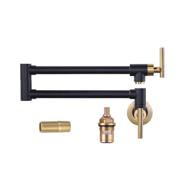 Brass Wall Mount Pot Filler with 2-Handles and Double Joint Swing Arms Folding Kitchen Faucet in Black and Gold