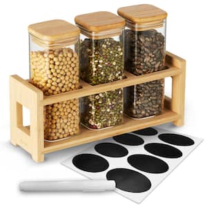 Glass Mini Storage Jars with Bamboo Lids and Display Stand - For Coffee, Sugar, Candy etc.