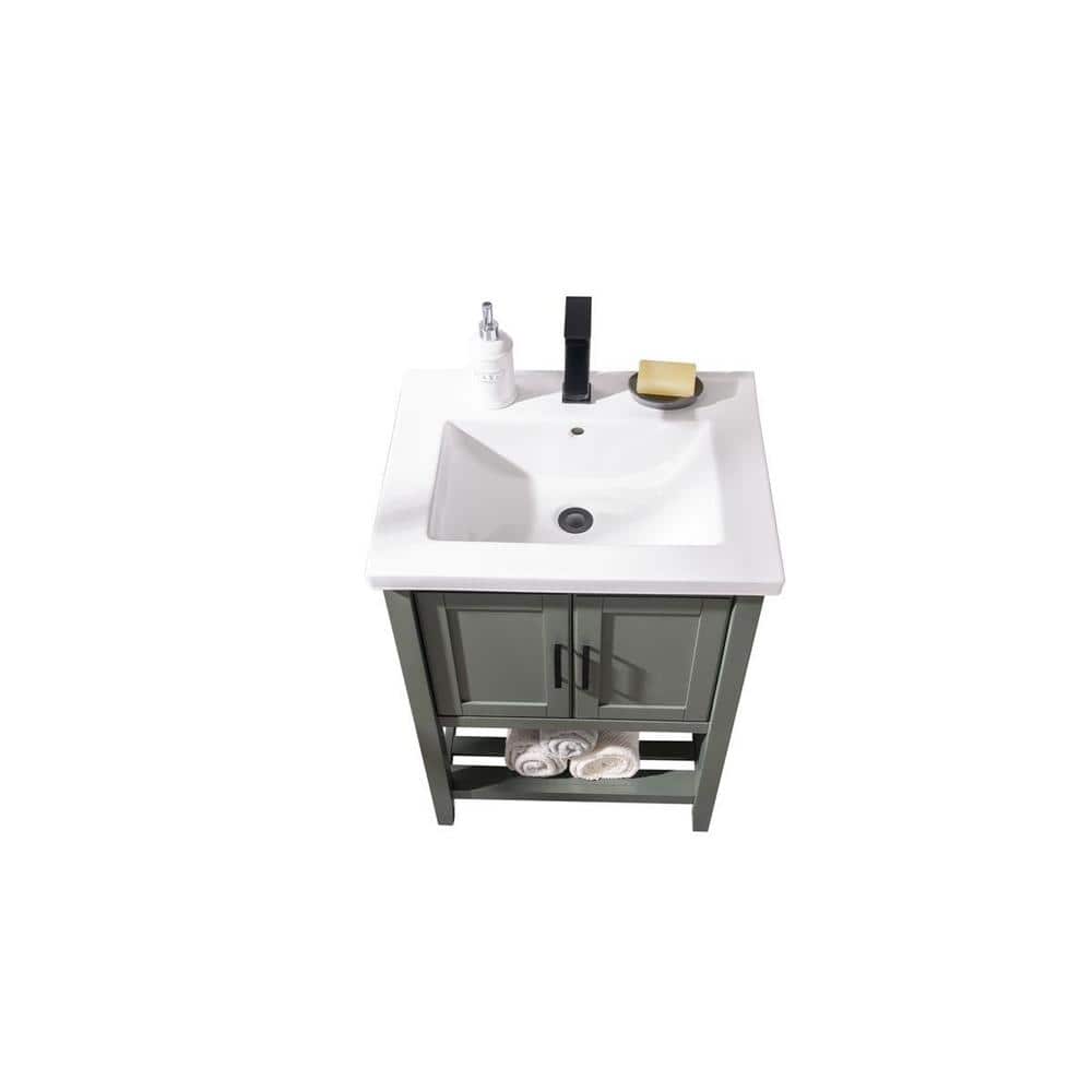 24-inch Pewter Green Solid Poplar Vanity with White Ceramic Sink