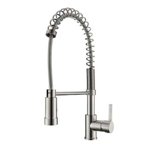Nueva Single Handle Deck Mount Spring Gooseneck Pull Down Spray Kitchen Faucet with Lever Handle 1 in Brushed Nickel