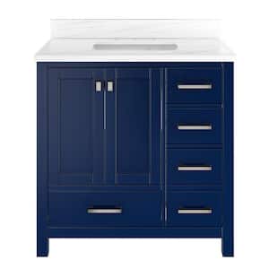 Solid Wood 36 in. W x 22 in. D x 39.3 in. H Single Sink Bath Vanity in Navy Blue with Carrara White Natural Marble Top
