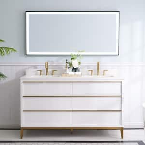 60 in. W x 22 in. D x 35 in. H Solid Wood Bath Vanity in White with White Quartz Top, Double Sink Mirror with Light Plug