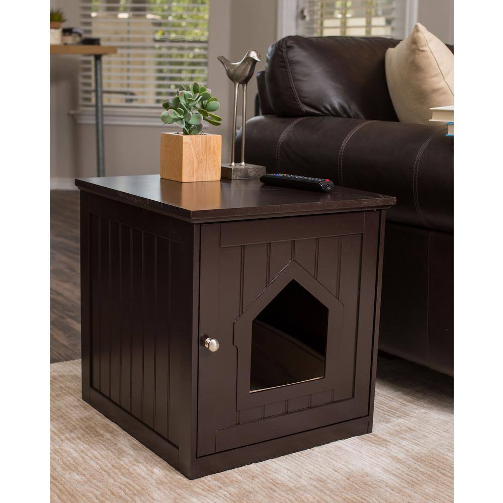Espresso Wooden Cat House Nightstand with Hinged Door