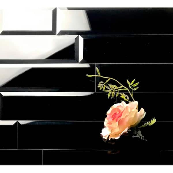 Reflections Black 3 in. X 12 in. Beveled Glass Peel And Stick Subway Tile (14 sq.ft./Case)