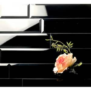 Frosted Elegance Beveled Subway 3 in. x 12 in. Glossy Black Glass Tile Sample