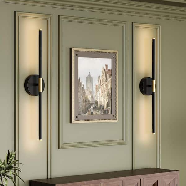 Morauroral 24 in. Modern Black Gold Rechargeable Battery Operated Wall Sconce 360° Rotatable LED Wall Light with Remote(Set of 2)