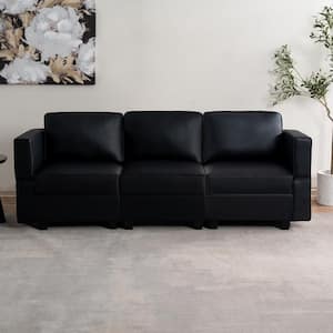 61.02 in. W Black Faux Leather 1-Piece Sectional Sofa with Storage 3-Seater Living Room Suite for Small Spaces