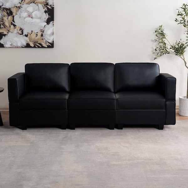 MAYKOOSH 61.02 in. W Black Faux Leather 1-Piece Sectional Sofa with Storage 3-Seater Living Room Suite for Small Spaces