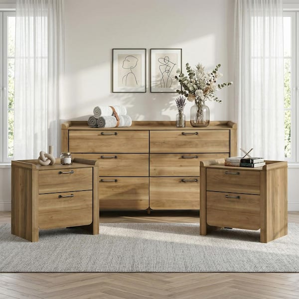 Toketh Transitional 3-Pieces Natural 2-Drawer (Set of 2) Nightstands and Dresser with Raised Edge