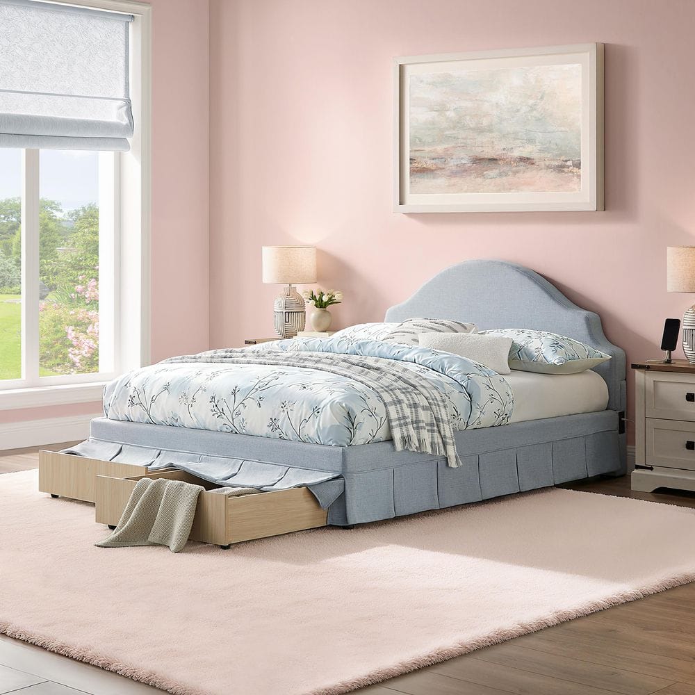 Caroline Blue Upholstered Frame King Platform Bed with Storage