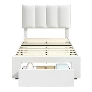 Bed Frame with Storage Drawer, White Metal Frame Twin Platform Bedframe with Adjustable Headboard & Wooden Slats Support