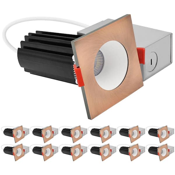2 In. Integrated LED Recessed Canless Light with Square Copper Interchangeable Trim, 5CCT, 1000LM, 15W, Dimmable 12 Pack