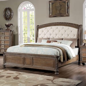 Nevva Beige and Rustic Natural Tone Wood Frame Queen Panel Bed with Padded Headboard