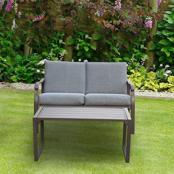GOSHADOW Brown 2-Piece Metal Rectangular Outdoor Bistro Set with Gray Cushions Loveseat and Table
