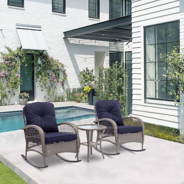 Tunearary Gray 3-Piece Wicker Outdoor Modern Furniture Rocking Chair Set with Blue Cushion