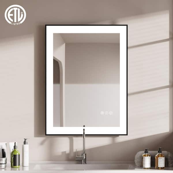 MOC 24 in. W x 32 in. H Bath Mirrors Rectangular Framed LED Light Wall Mount Bathroom Vanity Mirror with Memory Function