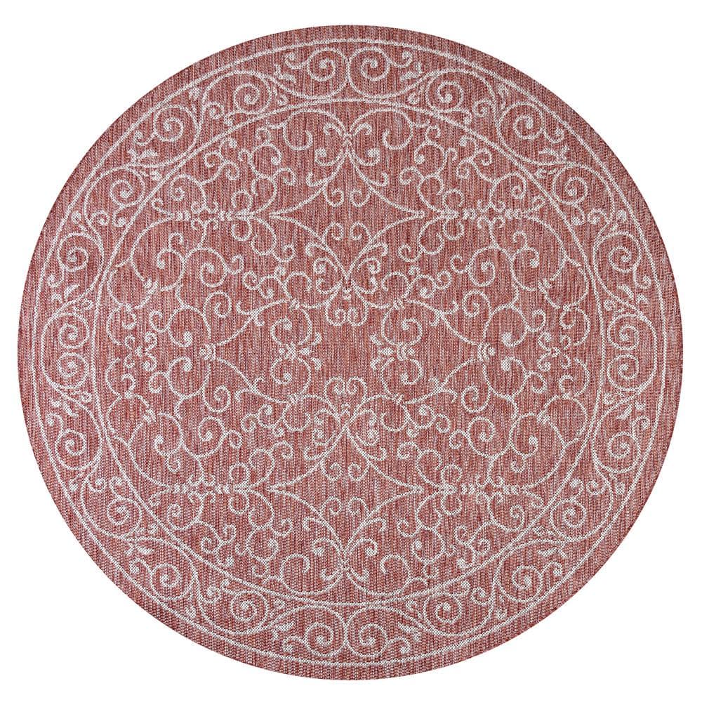 Charleston Red Beige Synthetic Round Reversible Area Rug