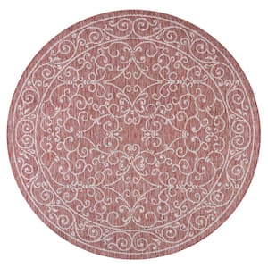 Charleston Red/Beige 5 ft. Vintage Filigree Textured Weave Round Indoor/Outdoor Area Rug