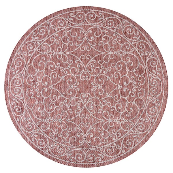 Charleston Vintage Filigree Textured Weave Red/Beige 5 ft. Round Indoor/Outdoor Area Rug