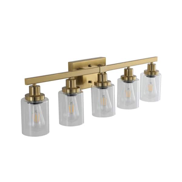 29.9 in. 5-Light Gold Vanity Light with Clear Glass Shades and No Bulbs Included Ideal for Bathroom and Vanity