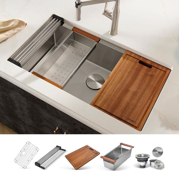 Roma Pro 32 in. Undermount Single Bowl 16-Gauge Stainless Steel Workstation Kitchen Sink with Rounded Corners