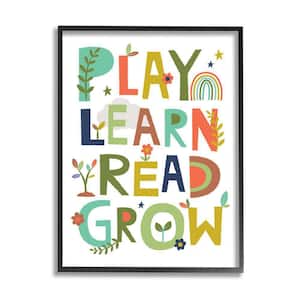 Play Learn Read Grow Children's Rainbow Flowers by Lisa Perry Whitebutton Framed Typography Art Print 20 in. x 16 in.