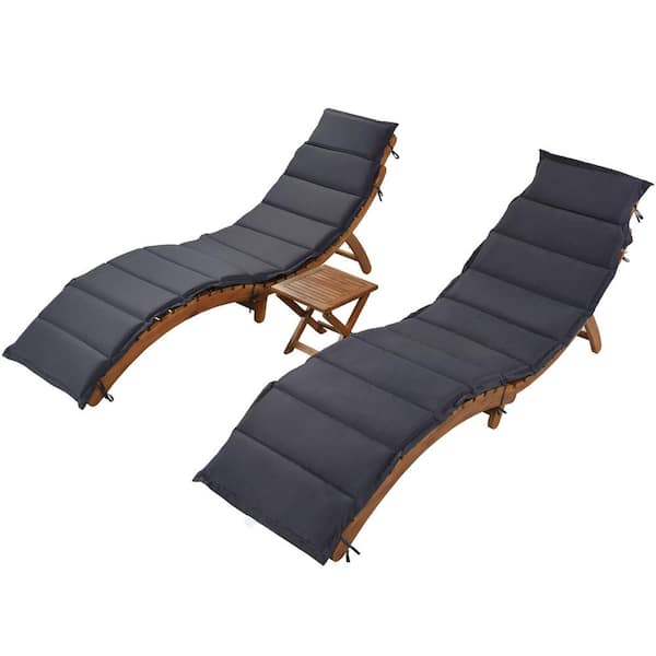 Sudzendf 3-Piece Wood Outdoor Patio Portable Extended Chaise Lounge Set with Gray Cushion