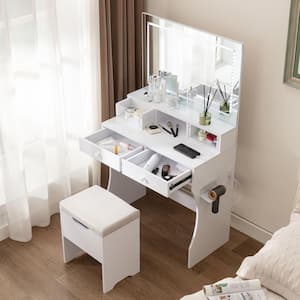 Vanity Desk with Storage Stool and Dresser Set 2-Piece White Wood Twin Bedroom Set with LED Lights, Charging Stations