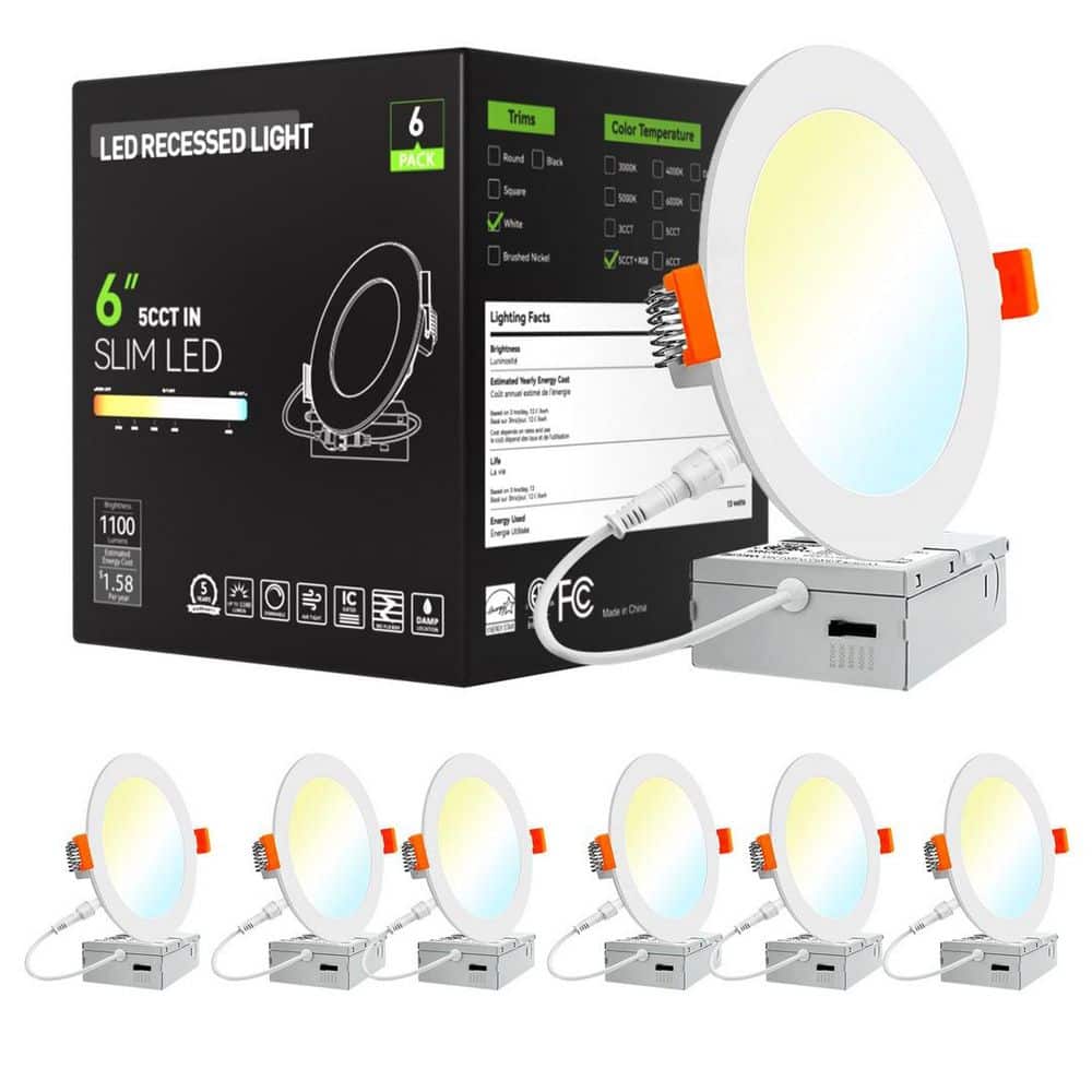 6 Pack 6 Inch 5CCT Ultra-Thin LED Recessed Ceiling Light with Junction Box, 1050LM Brightness, Dimmable 12W, ETL price history on PriceWatchPro