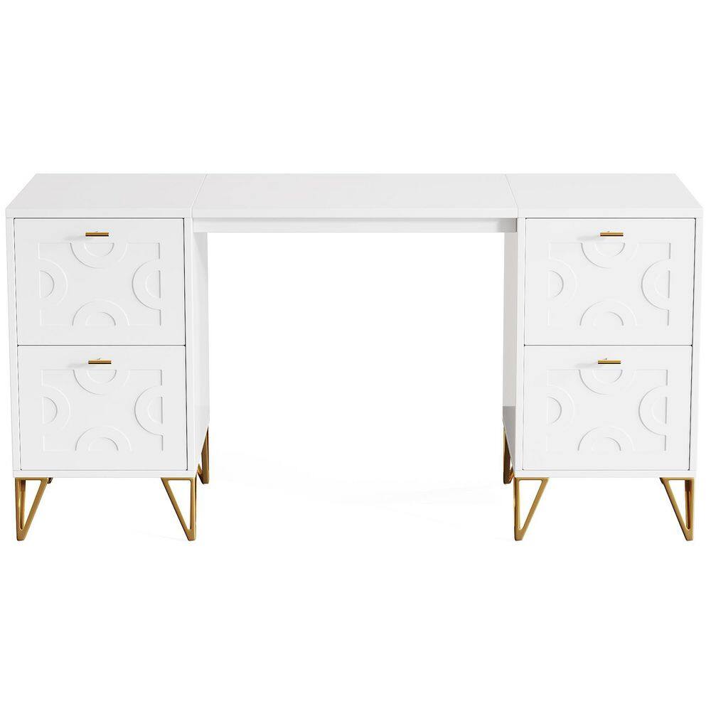 Moronia 59 in. White and Gold Desk with Drawers, Aesthetic Office Desk Writing Table with Storage for Bedroom, Study