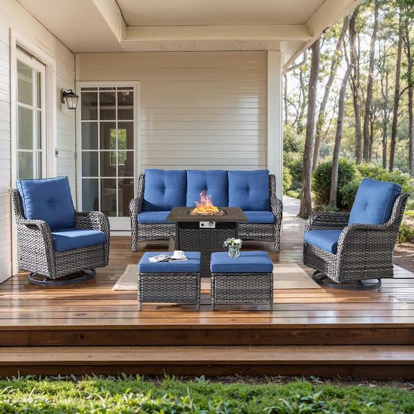 moosprr 6-Piece Gray Wicker Fire Pit Conversation Set with Olefin Blue Cushions and Curved Arm Swivel Glider Rocking Chairs