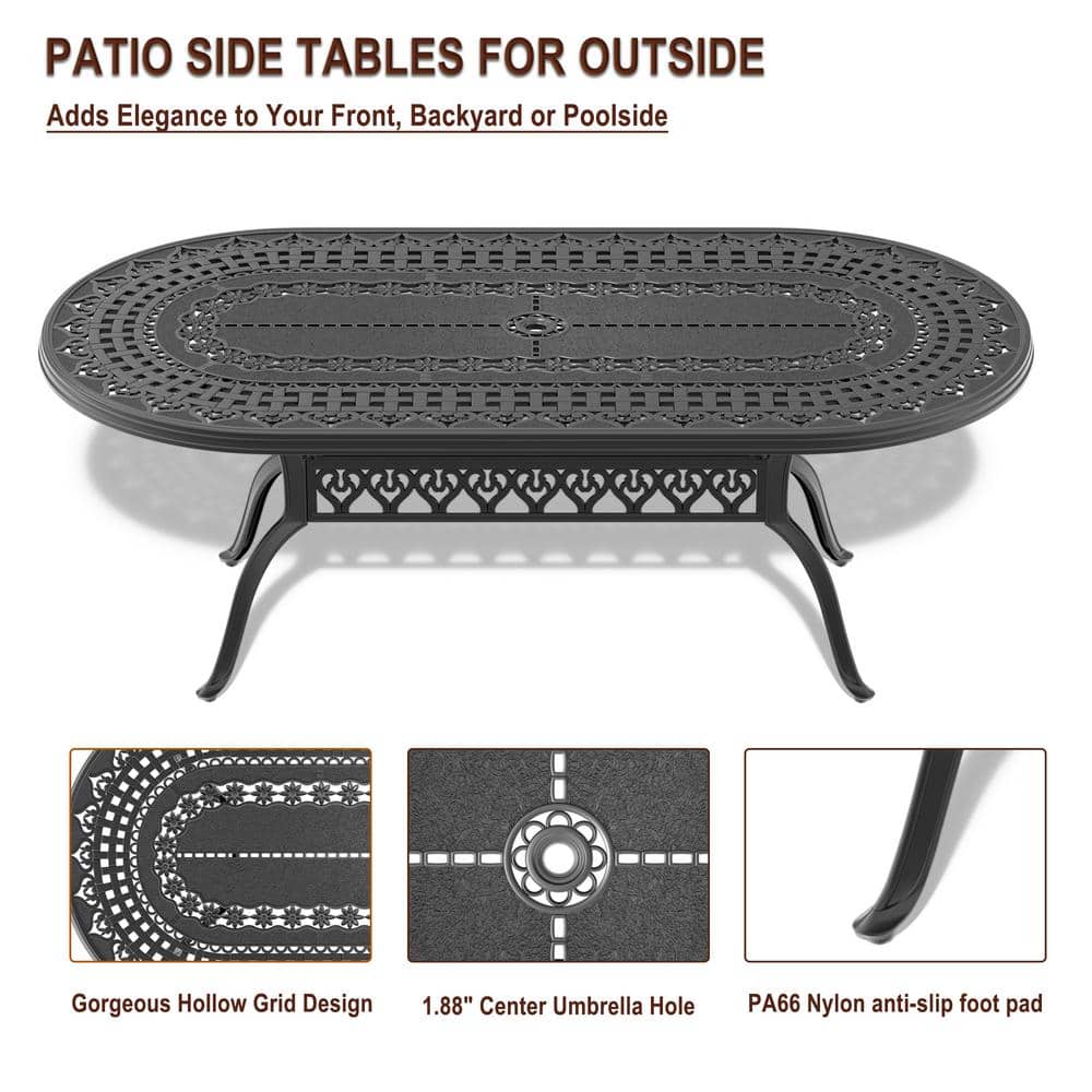 Matte Black 9-Piece Cast Aluminum Outdoor Dining Set with Blue Cushions