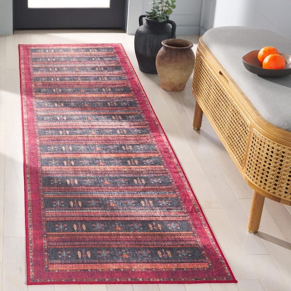 Orlando 2 ft. x 8 ft. Rust/Blue Bohemian Horizontal Stripe Washable Runner Rug