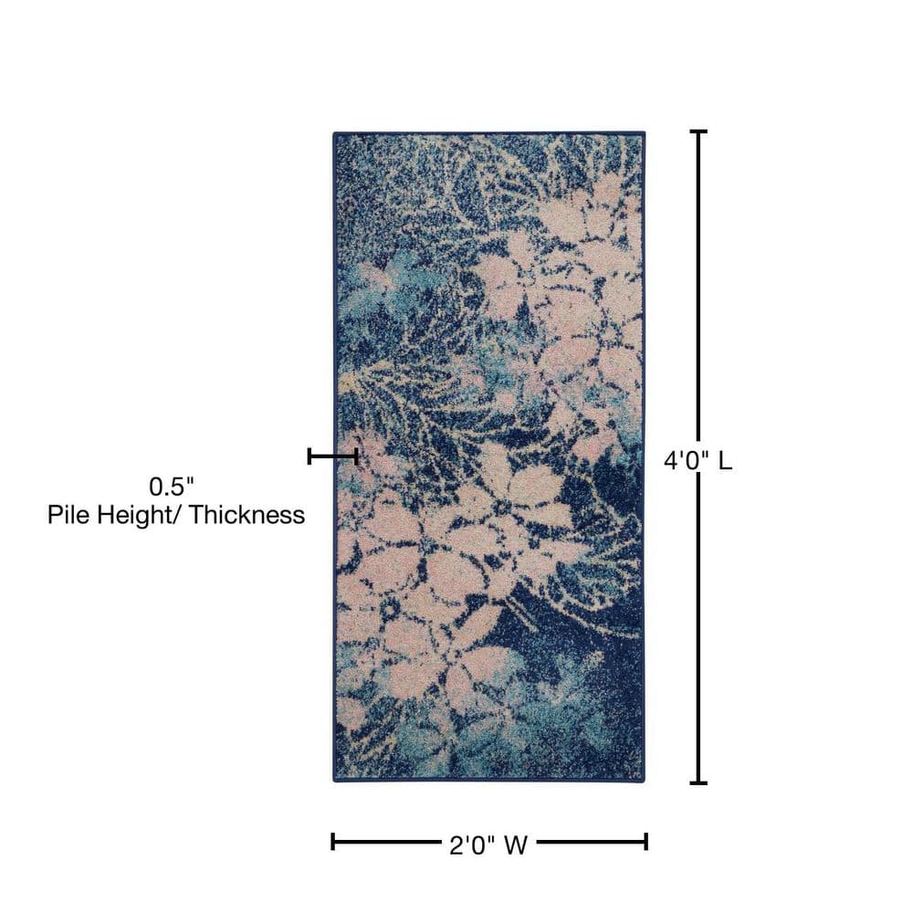 Navy & Pink Floral Viscose 2' x 4' Easy-Care Area Rug