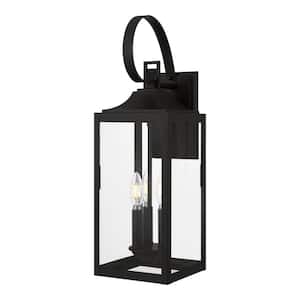 Havenridge 23.2 in. 3-Light Matte Black Hardwired Outdoor Wall Light Lantern Sconce with Clear Glass (1-Pack)