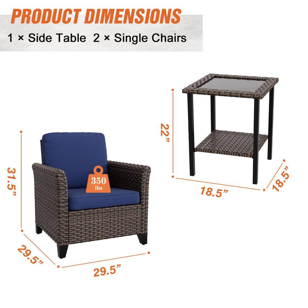 Blue Cushioned 3-Piece Black Steel Wicker Patio Set