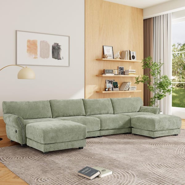 142 in. W Chenille Modular Sectional Sofa in. Green with Extra-Wide Seat Cushion, USB and Type-C Charger