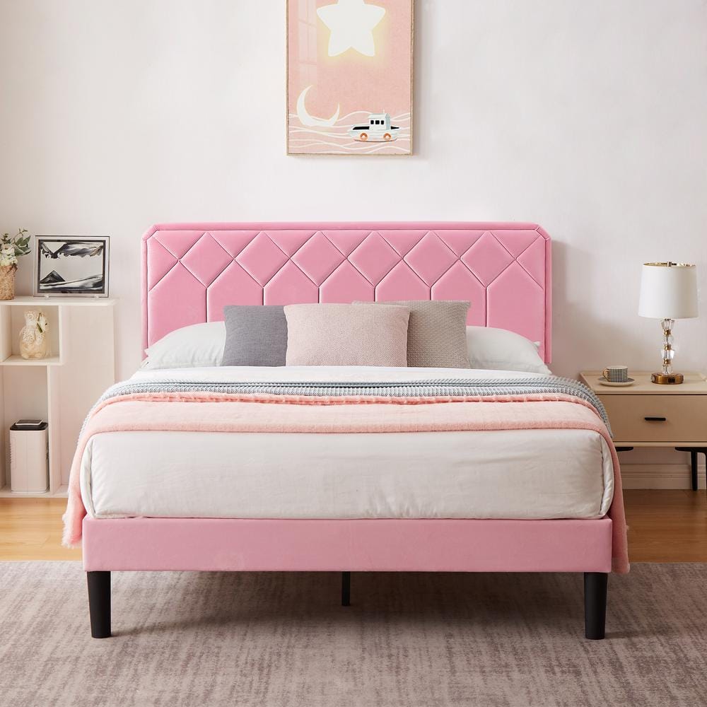 VECELO Bed Frame with Upholstered Headboard, Pink Metal Frame Full ...