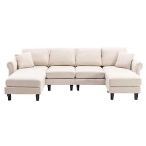 108 in. W Fabric Seat 2-Arms 4-Piece L Shaped Sectional Sofa in Beige with Removable Ottoman and Wood Legs