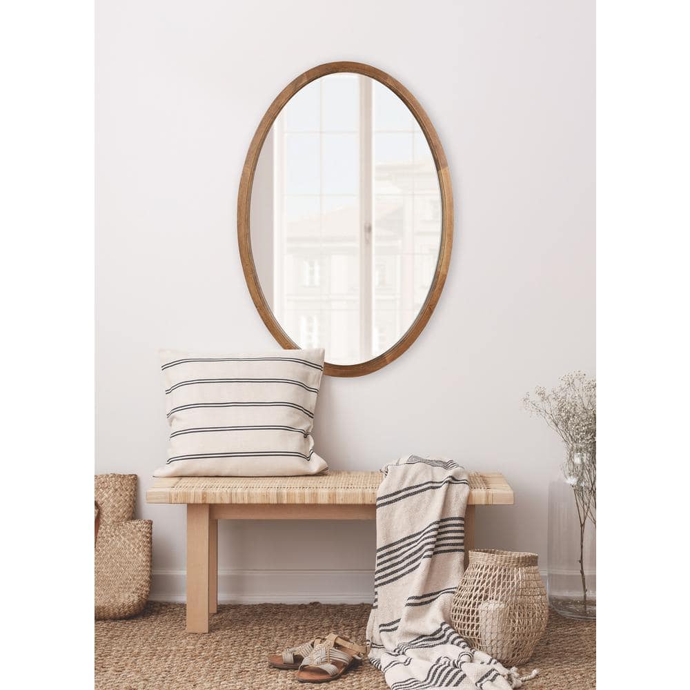 Elegant Farmhouse Oval Wood Bathroom Vanity Mirror, Rustic Brown