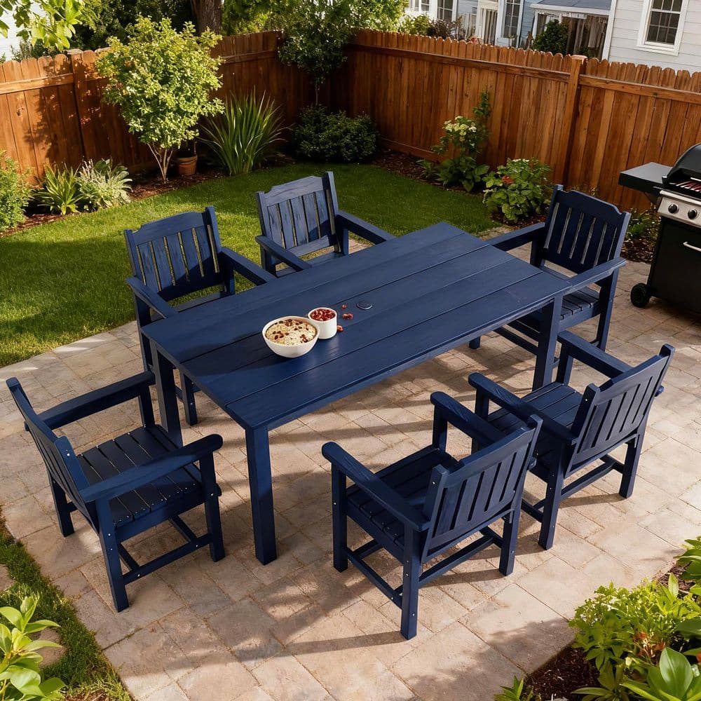 Poly Lumber 7-Piece Aluminum Alloy Frame Outdoor Dining Set with 6 Slat Back Chairs and a Table, Navy Blue price history on PriceWatchPro