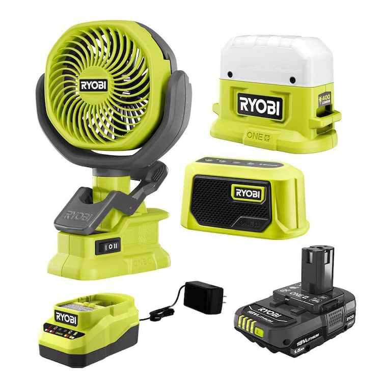 RYOBI ONE+ 18V Cordless 3-Tool Campers Kit with Area Light, Bluetooth Speaker, 4 in. Clamp Fan, 1.5 Ah Battery, and Charger